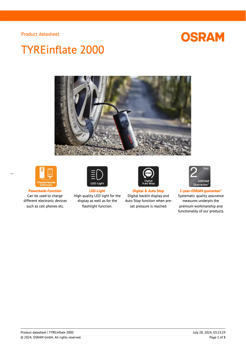 Page 1 de la notice Fiche technique Osram TYREinflate 200