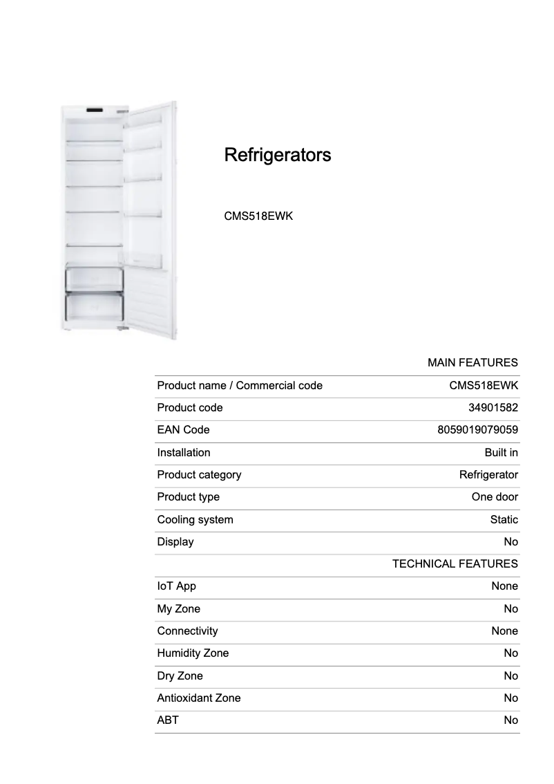 Page 1 de la notice Fiche technique Candy CMS518EWK