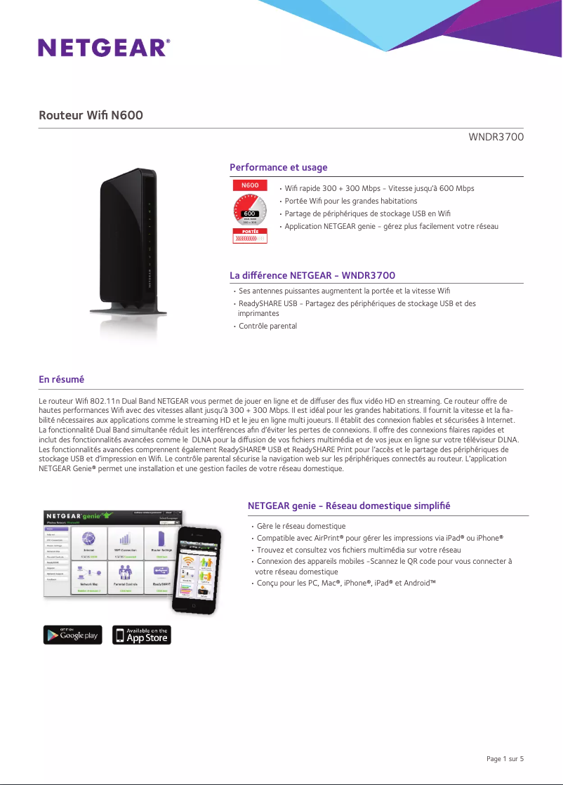 Page 1 de la notice Fiche technique Netgear WNDR3700v5