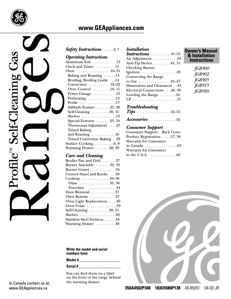 Page n°1 - Manuel d'utilisation et d'entretien GE Profile JGB920SECSS