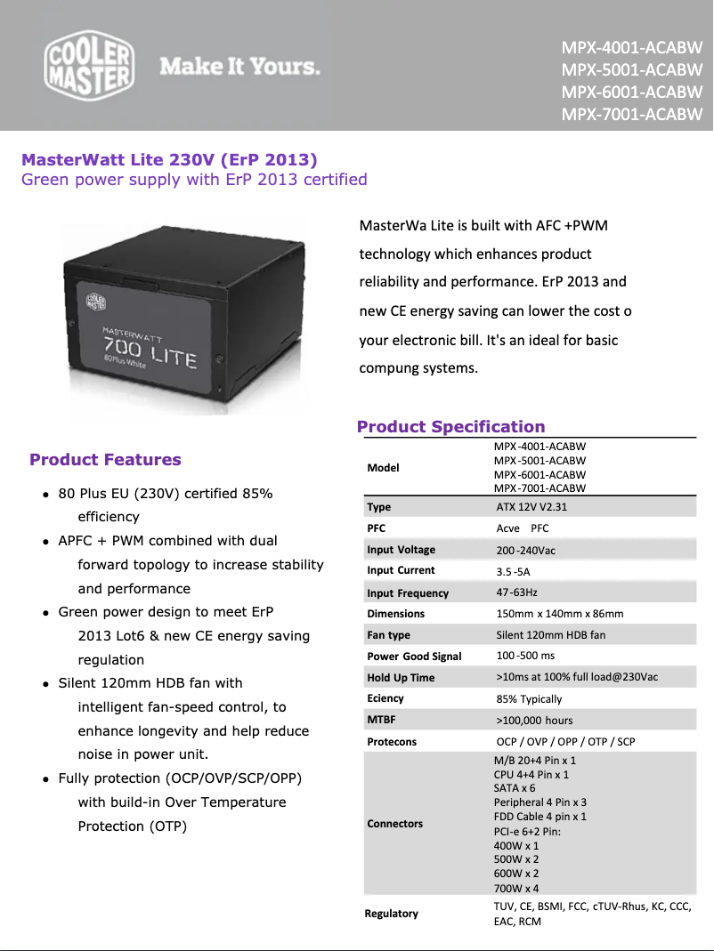 Page n°1 - Fiche technique Cooler Master MasterWatt Lite 400W