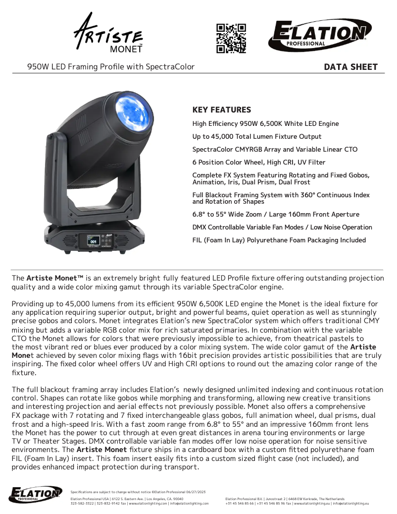 Page 1 de la notice Fiche technique Elation Artiste Monet