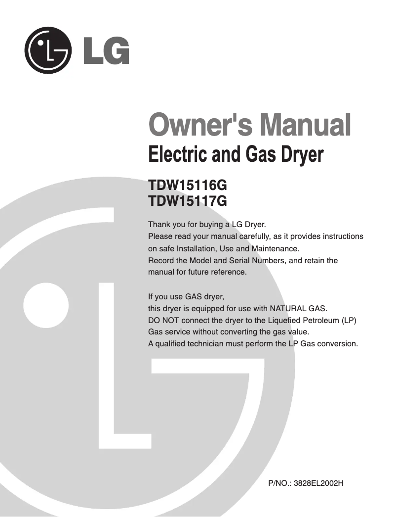 Page n°1 - Manuel utilisateur LG TDW15116G
