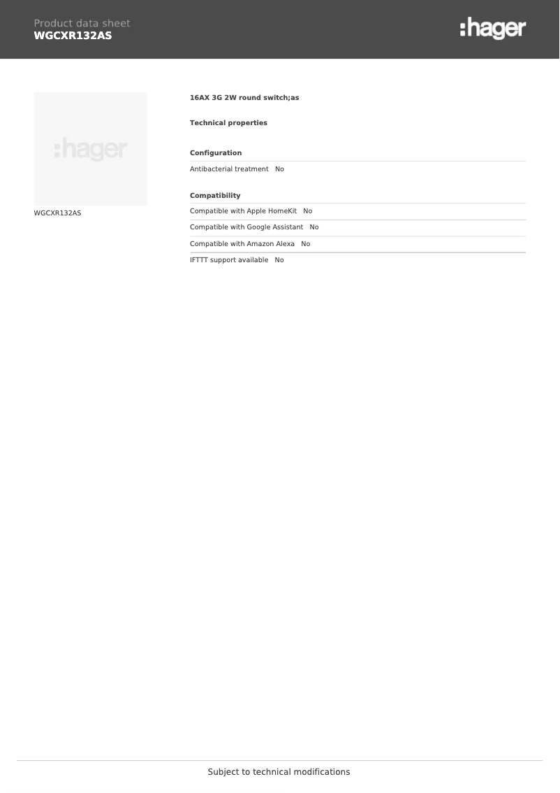 Page 1 de la notice Fiche technique Hager WGCXR132AS