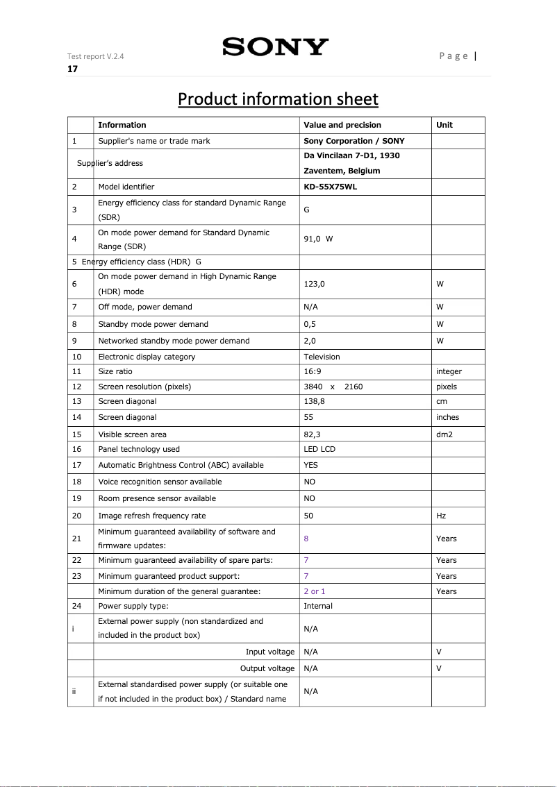 Page n°1 - Fiche technique Sony KD-55X75WL