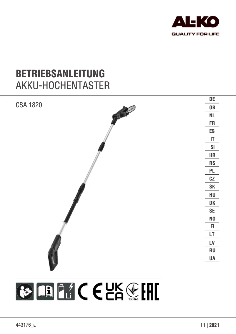 Page n°1 - Manuel utilisateur AL-KO 18 V CSA 1820