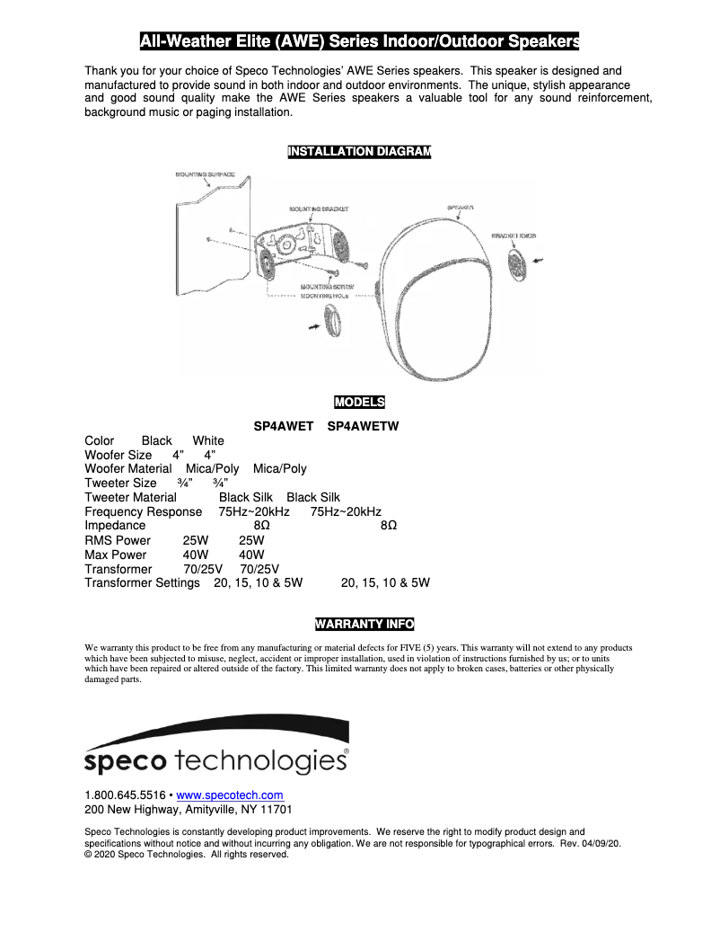 Page n°1 - Manuel utilisateur Speco Technologies SP4AWETW