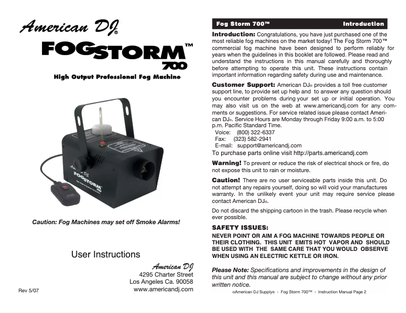 Page 1 de la notice Manuel utilisateur American DJ Fog Storm 700