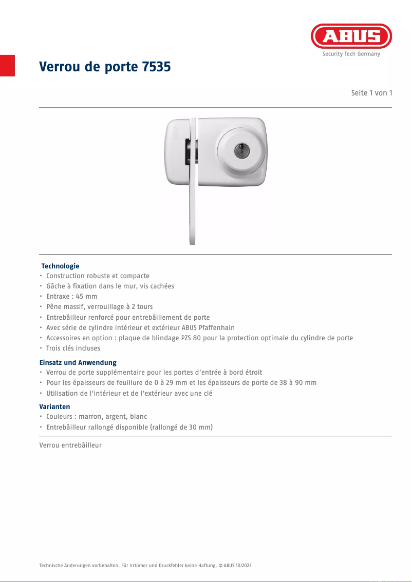 Page n°1 - Fiche technique Abus 7535