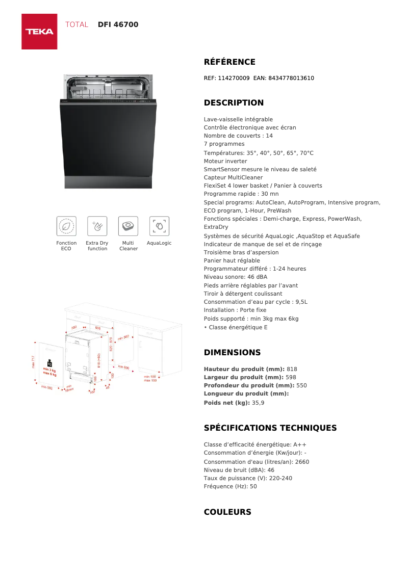 Page 1 de la notice Fiche technique Teka DFI 46700