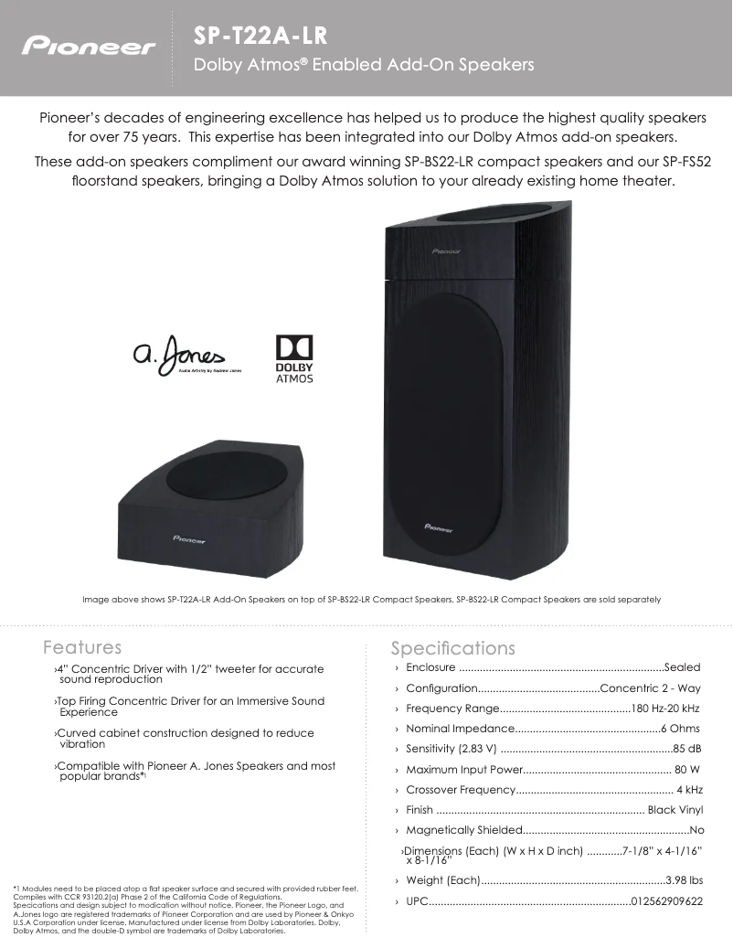 Page 1 de la notice Fiche technique Pioneer SP-T22A-LR