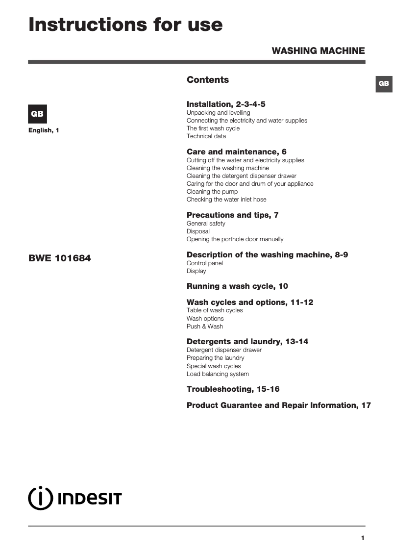 Page 1 de la notice Mode d'emploi Indesit BWE 101684X W UK