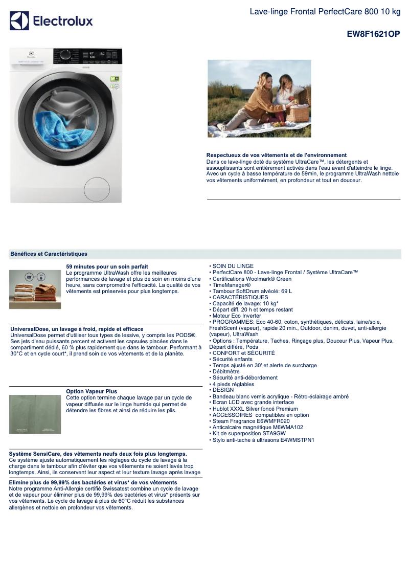 Page 1 de la notice Fiche technique Electrolux EW8F1621OP