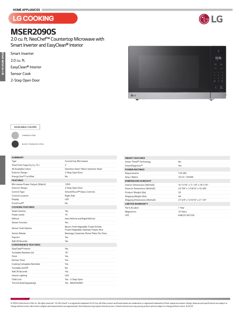 Page n°1 - Fiche technique LG MSER2090S
