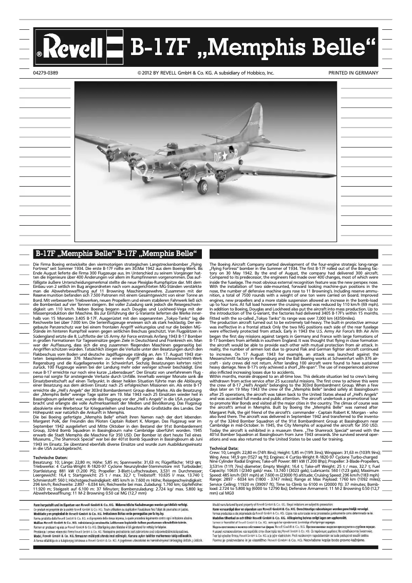 Image de la première page du manuel de l'appareil B-17F Memphis Belle