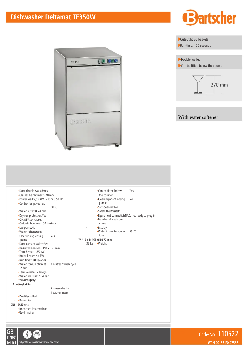 Page 1 of the manual Technical Sheet Bartscher Deltamat TF 350 W