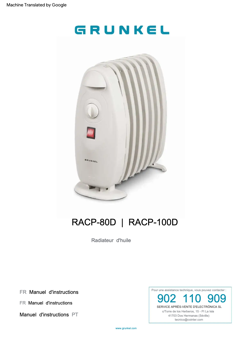Page 1 de la notice Manuel utilisateur Grunkel RACP-80D
