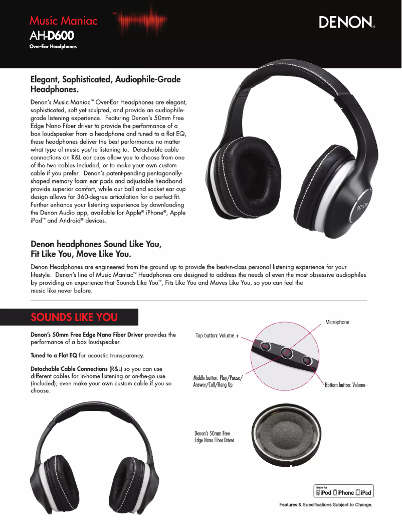 Página 1 del manual Ficha técnica Denon AH-D600