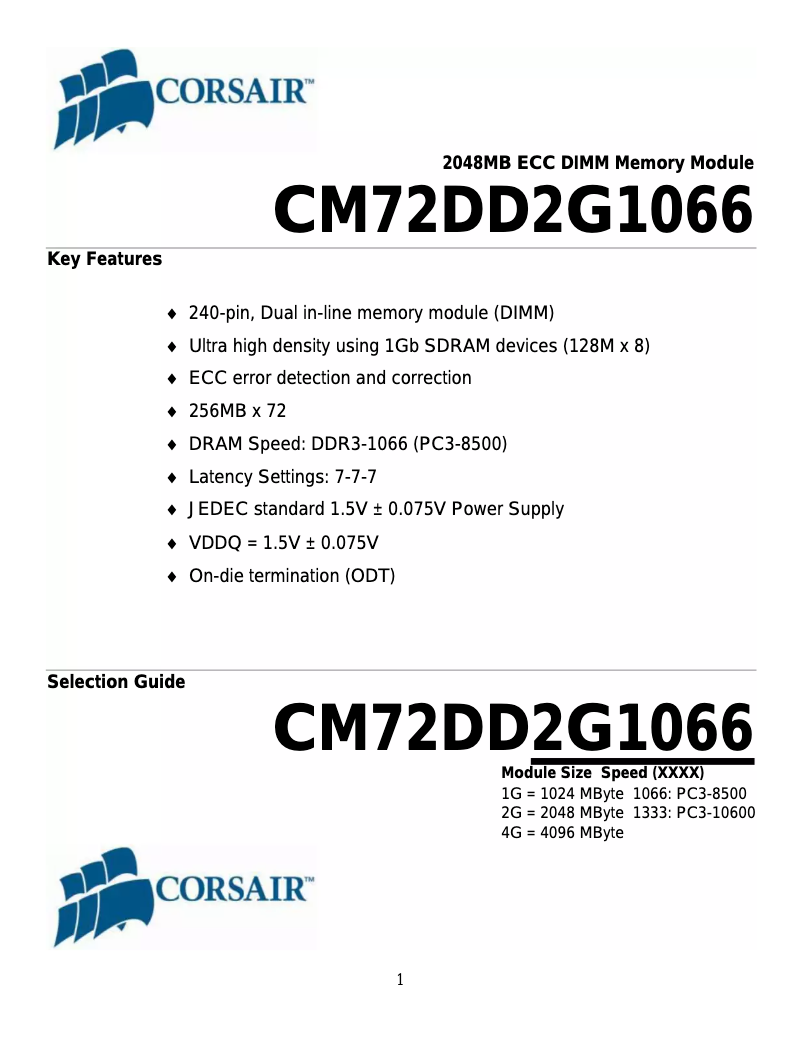 Page 1 de la notice Manuel utilisateur Corsair CM72DD2G1066