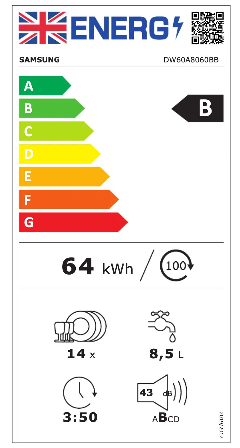 Page 1 de la notice Label énergétique Samsung DW60A8060BB