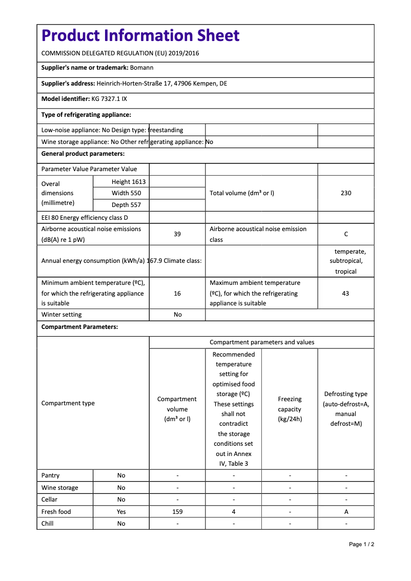 Page 1 de la notice Fiche technique Bomann KG 7327.1