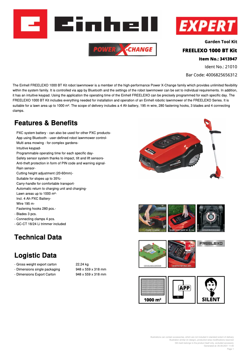 Page 1 de la notice Fiche technique Einhell FREELEXO 1000 BT