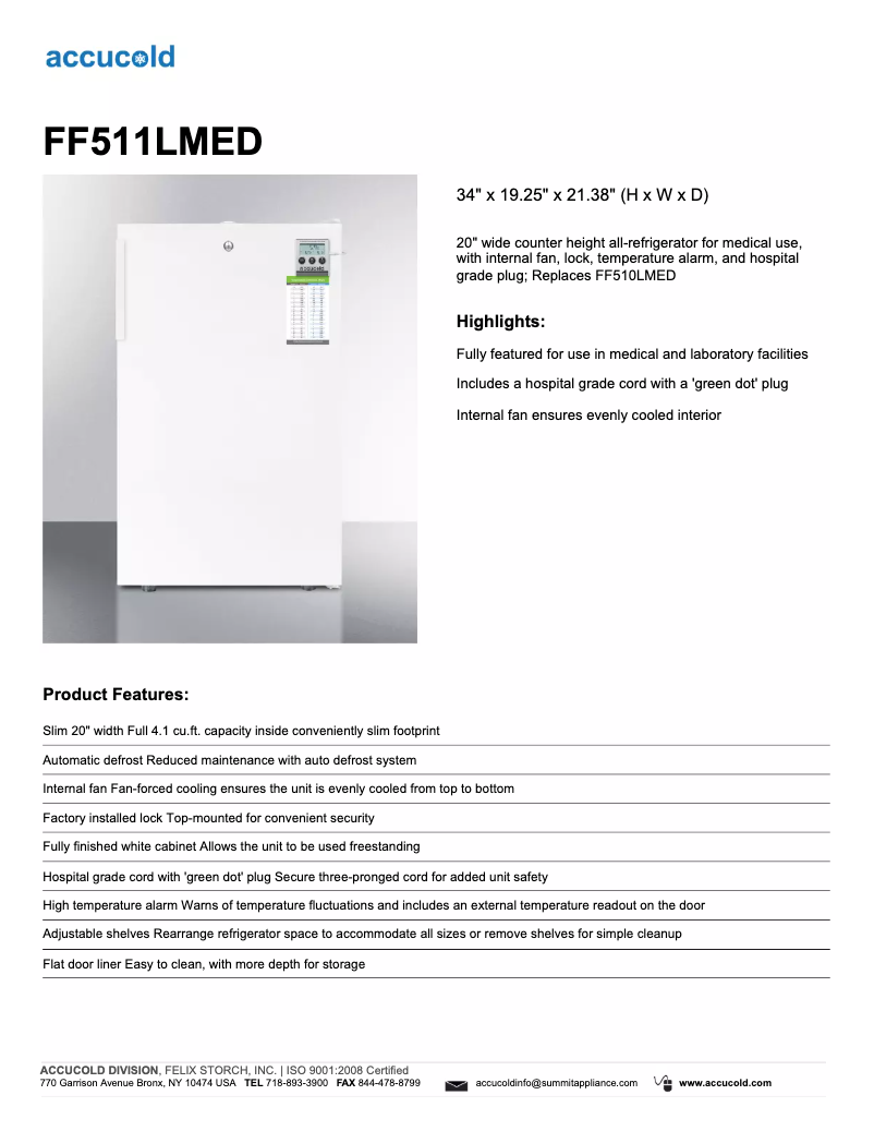 Page 1 de la notice Fiche technique Summit Accucold FF511LMED