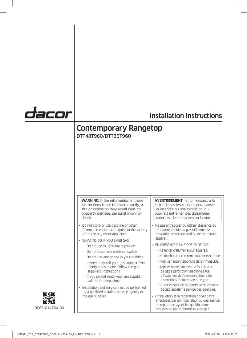 Page 1 de la notice Guide d'installation Dacor DTT36T960GM