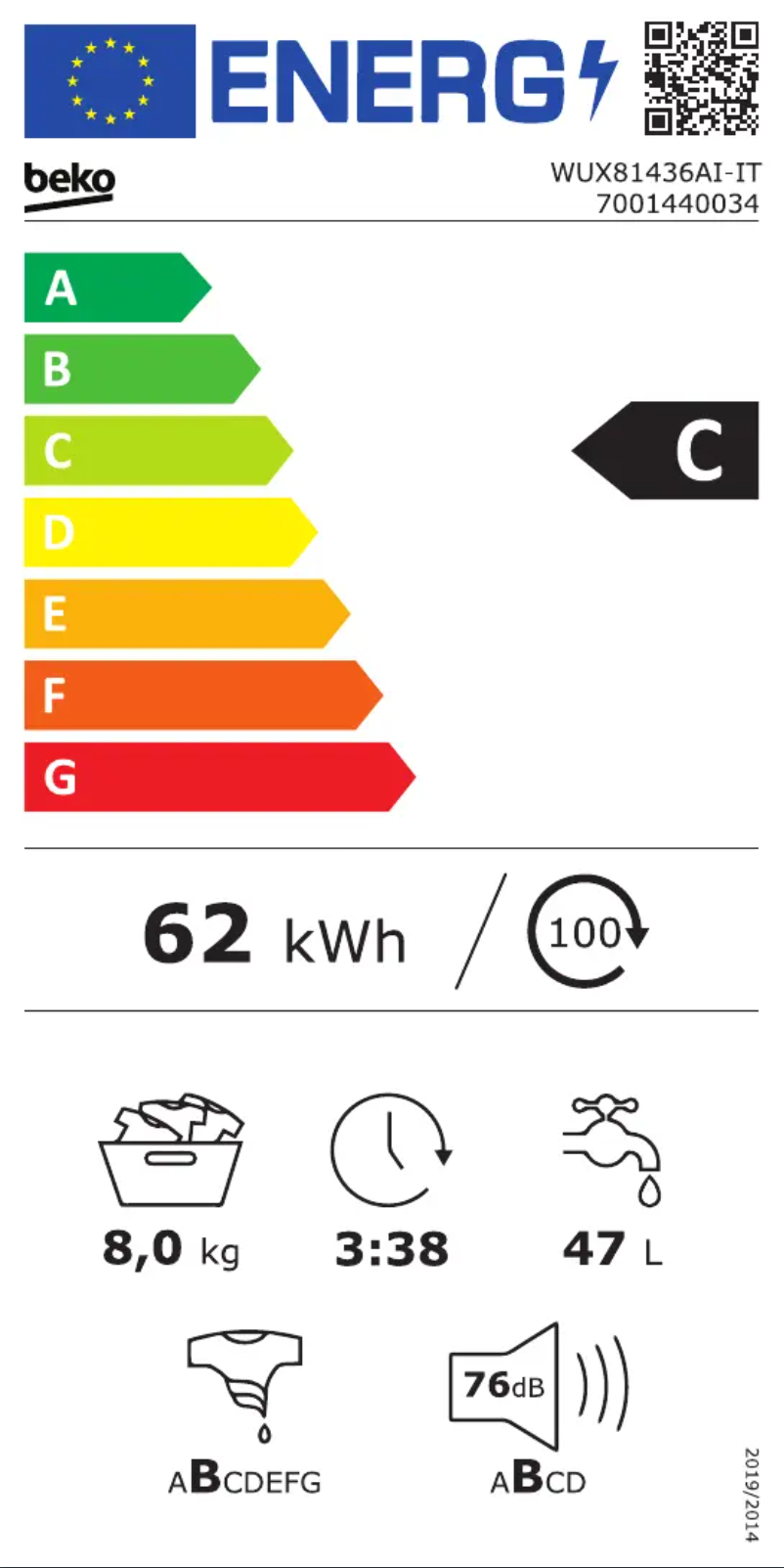 Page 1 de la notice Label énergétique Beko WUX81436AI