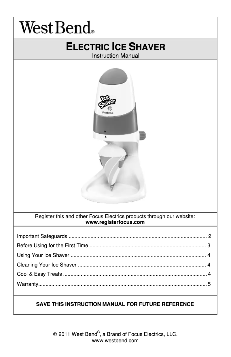 Page n°1 - Manuel utilisateur WestBend Ice Shaver SIT12023
