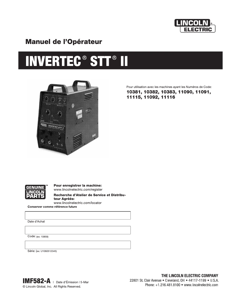 Page 1 de la notice Manuel utilisateur Lincoln Electric Invertec STT II
