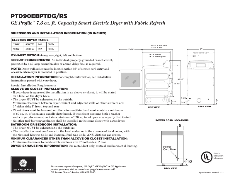 Page 1 de la notice Fiche technique GE Profile PTD90EBPTDG