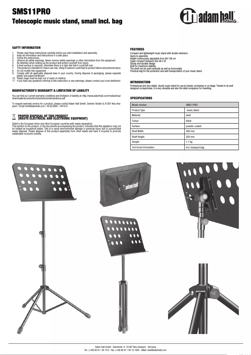 Page 1 de la notice Manuel utilisateur Adam Hall SMS11PRO