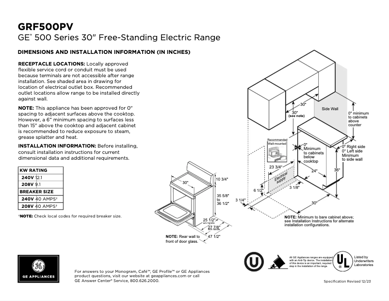 Page n°1 - Fiche technique GE GRF500PVBB