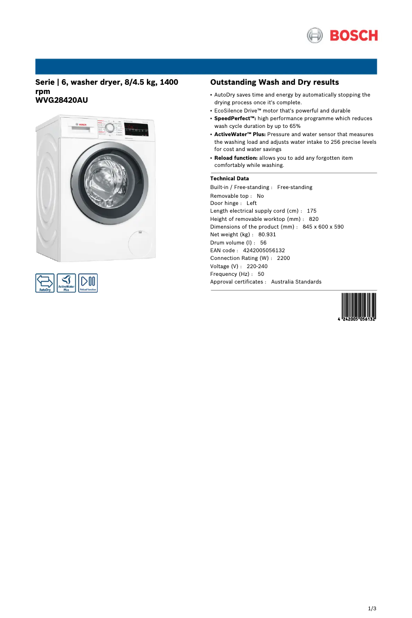 Page n°1 - Fiche technique Bosch WVG28420AU