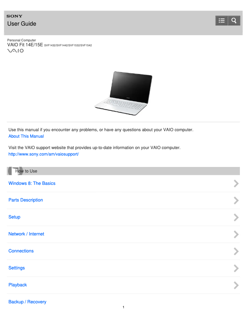 Page n°1 - Manuel utilisateur Sony Vaio Fit 15 SVF15325CLB