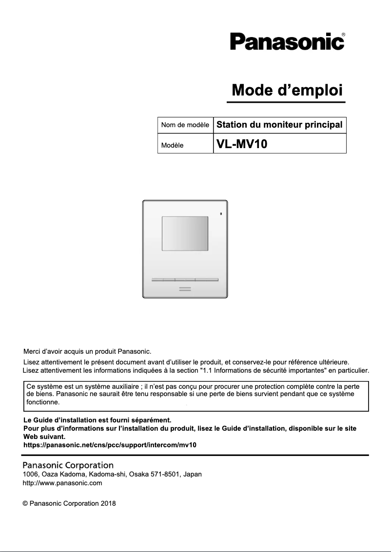 Page 1 de la notice Manuel utilisateur Panasonic VL-MV10