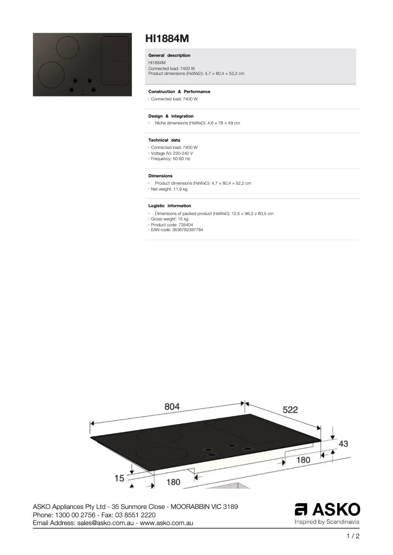 Page n°1 - Fiche technique Asko HI1884M