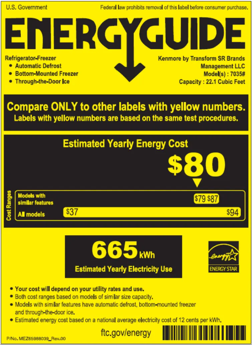 Page 1 de la notice Label énergétique Kenmore 70357