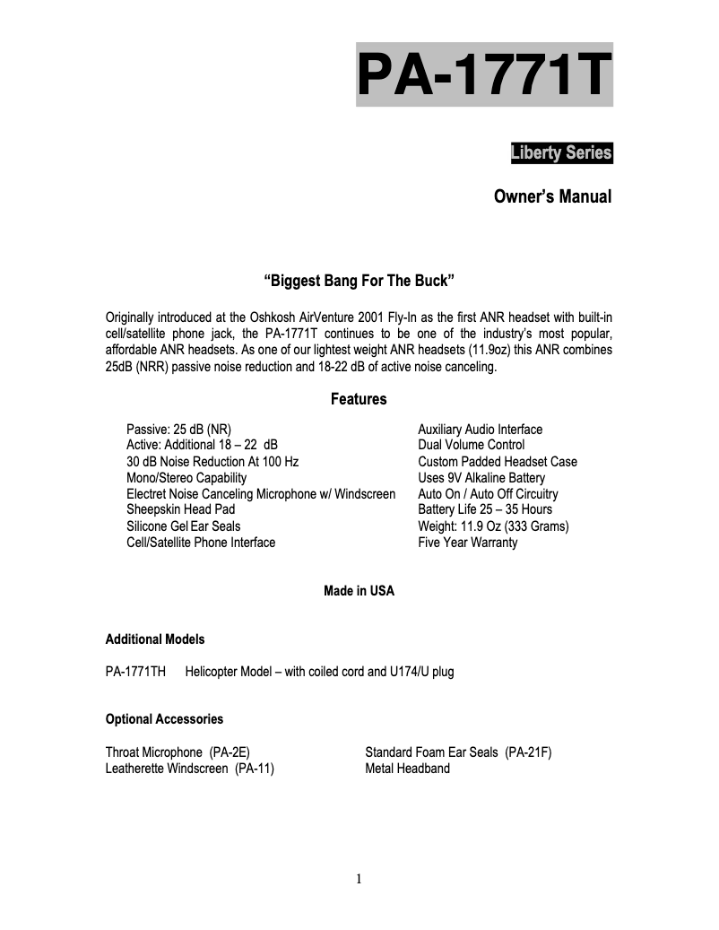 Page n°1 - Manuel utilisateur Pilot PA-1771TH