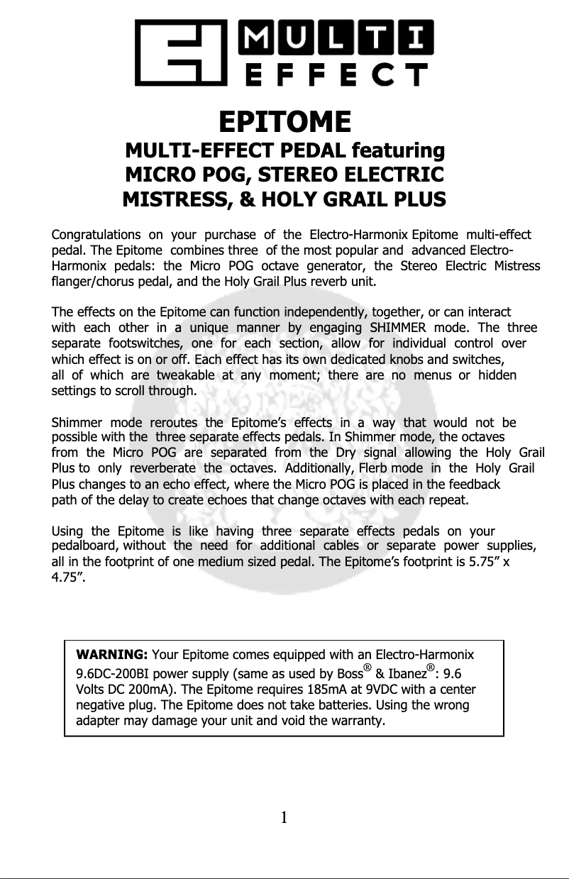 Page n°1 - Manuel utilisateur Electro Harmonix Epitome
