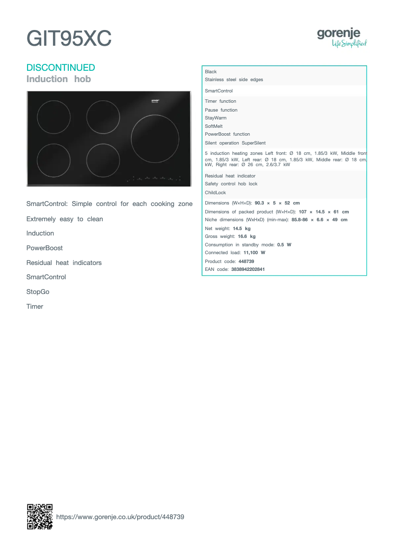 Page 1 de la notice Fiche technique Gorenje GIT95XC