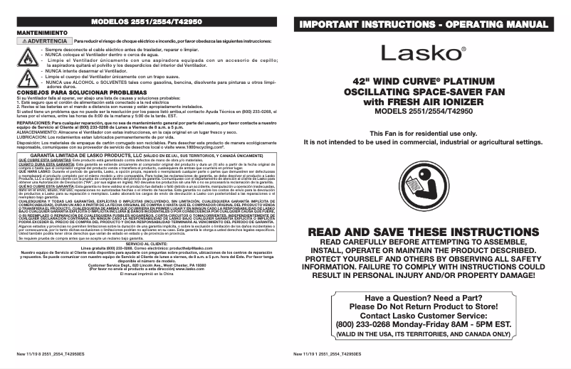 Page 1 de la notice Manuel d'utilisation et d'entretien Lasko Wind Curve T42950
