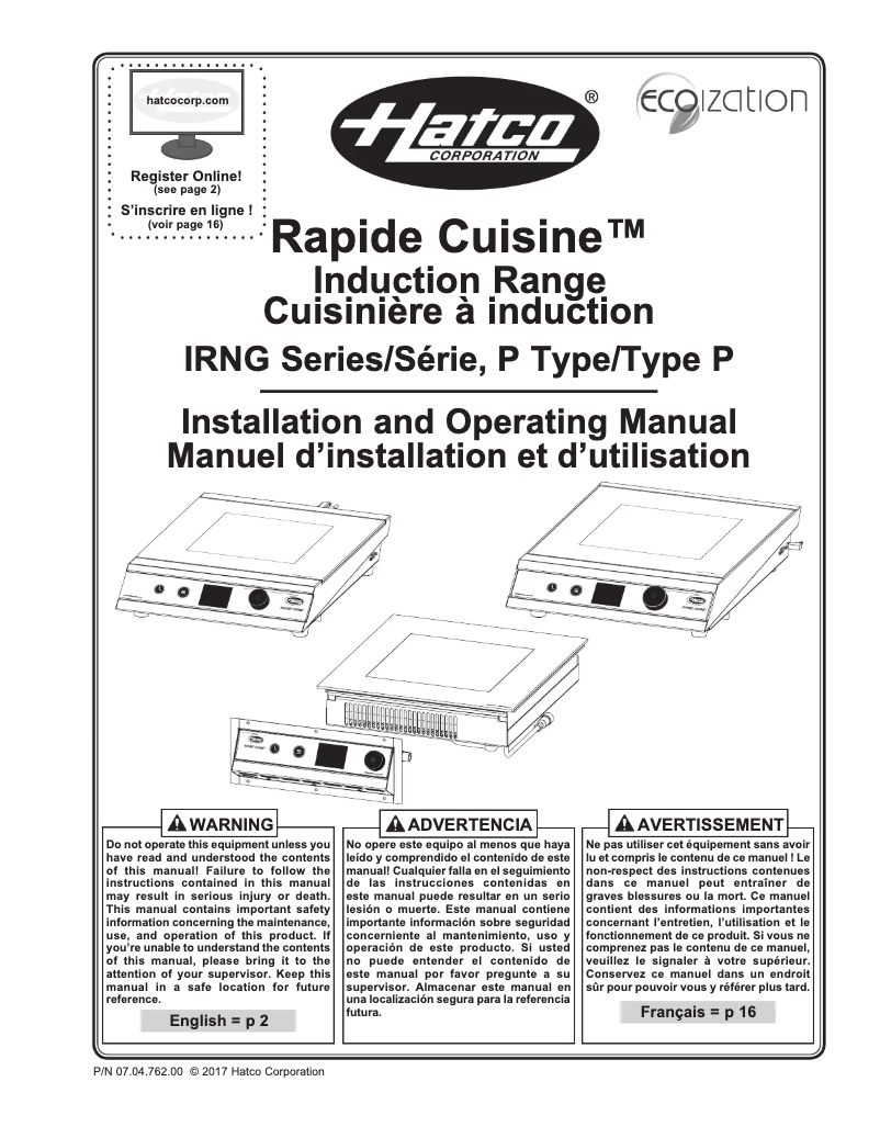 Page 1 de la notice Manuel utilisateur Hatco Rapide Cuisine IRNG-PB1-36
