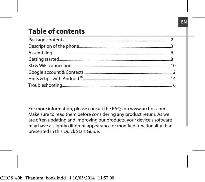 Page 1 de la notice Manuel utilisateur Archos 40b Titanium