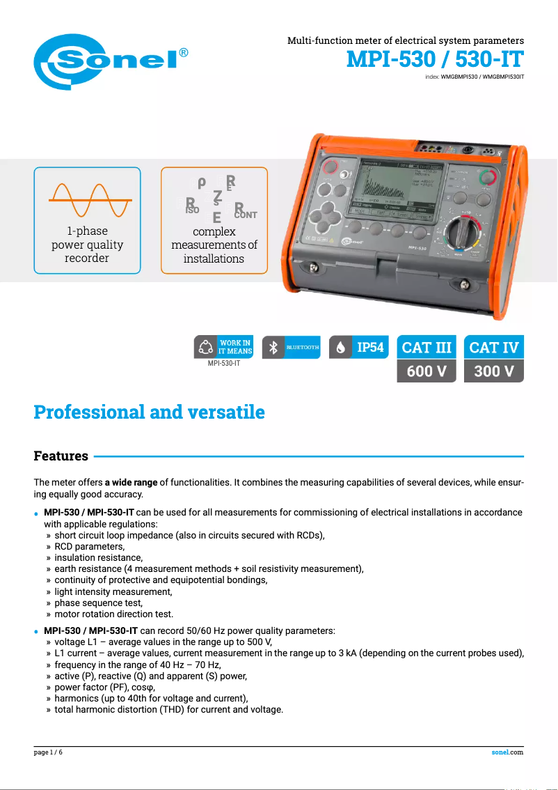 Page 1 de la notice Fiche technique Sonel MPI-530