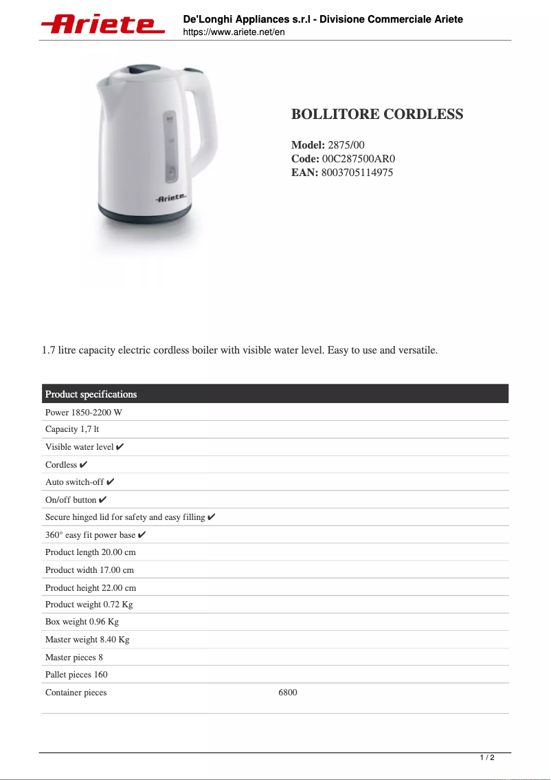 Página 1 del manual Ficha técnica Ariete 2875