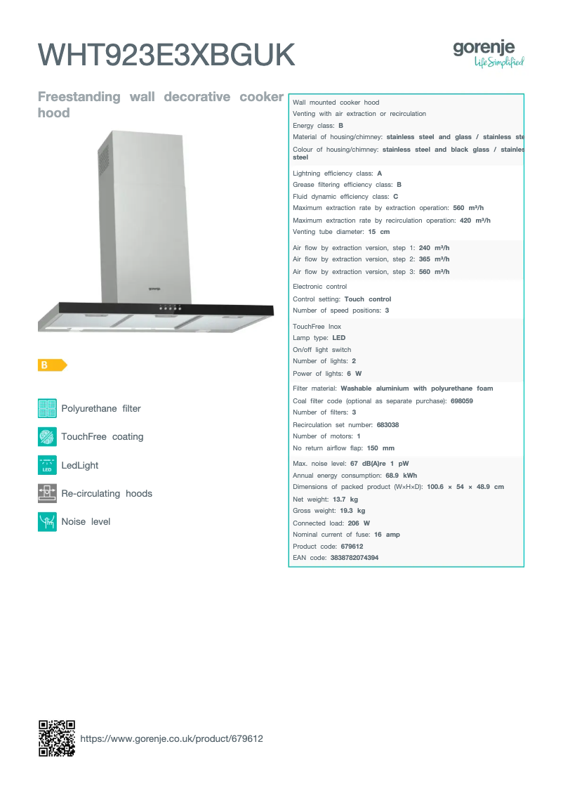 Page n°1 - Fiche technique Gorenje WHT923E3XBGUK