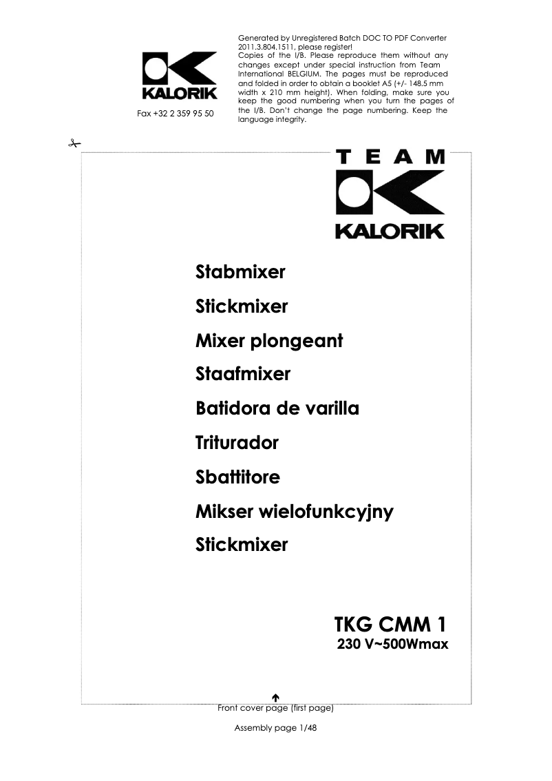 Page 1 de la notice Manuel utilisateur Kalorik TKG CMM 1