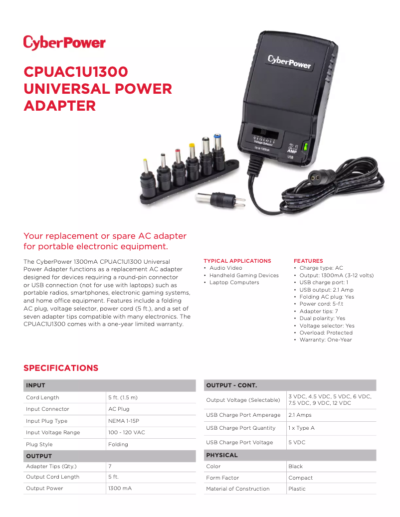 Page 1 de la notice Fiche technique CyberPower CPUAC1U1300
